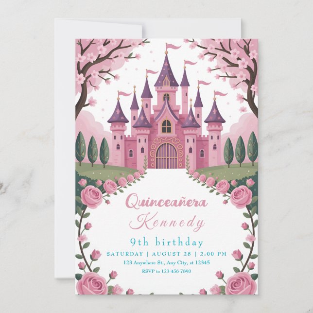 Invitation Faire conte Château Rose Princesse Anniversaire (Devant)