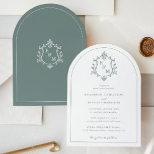Invitation Faire Crête Monogramme Vert Sauge Arched Mariage