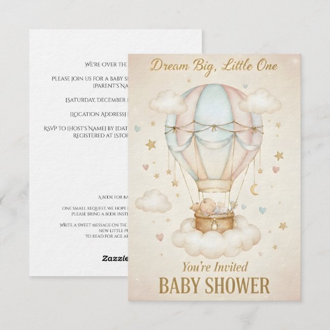 Invitation Faire de grands rêves, petit(e) – Baby Shower  (Devant / Derrière)
