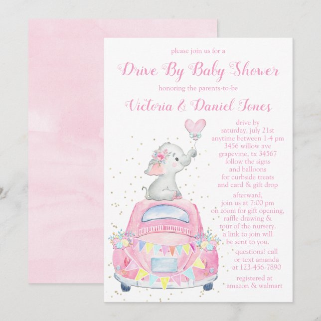 Invitation Faire défiler la fête de bébé éléphant aquarelle f (Devant / Derrière)