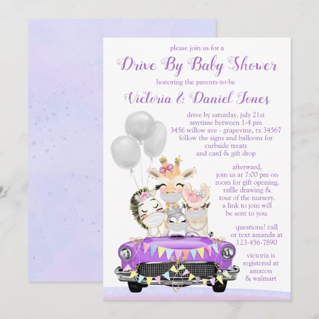 Invitation Faire défiler la fête prénatale bébé fille Animaux (Devant / Derrière)
