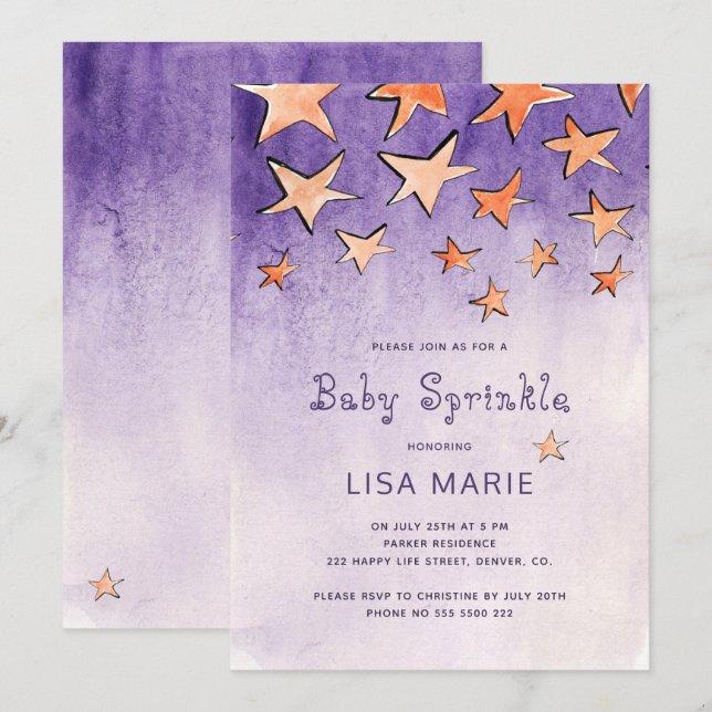 Invitation Faire des étoiles aquarelle bébé sprinkle violet (Devant / Derrière)