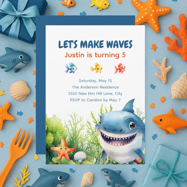 Invitation Faire des vagues Joyeux requin sous la mer Anniver (Happy shark under the sea birthday party invitation)