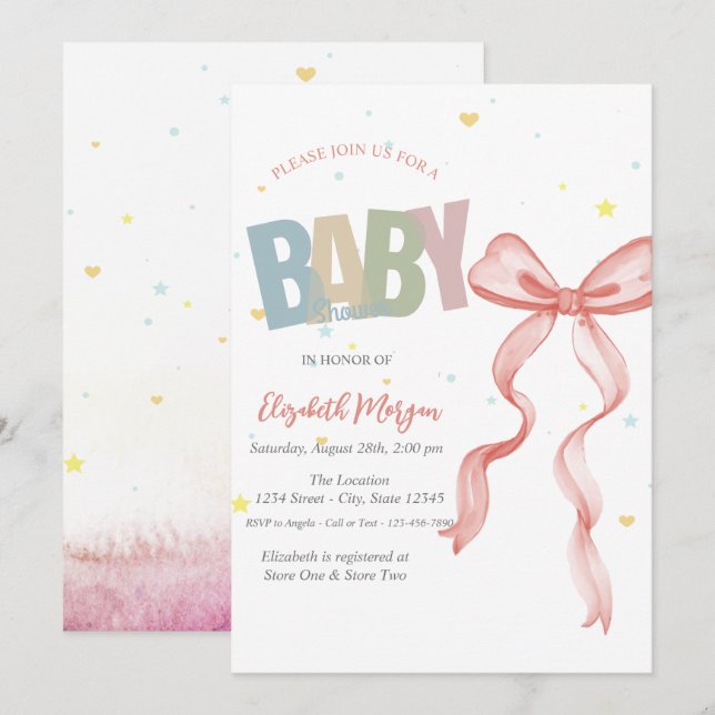 Invitation Faire Dessiner Arc Rouge Étoiles Cœurs Baby Shower (Devant / Derrière)