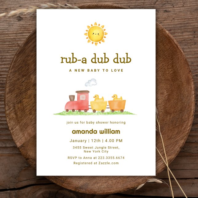 Invitation Faire doudou canard Choo Choo Train Baby Shower   (Rub A Dub Dub Duck Choo Choo Train Baby Shower Invitation)