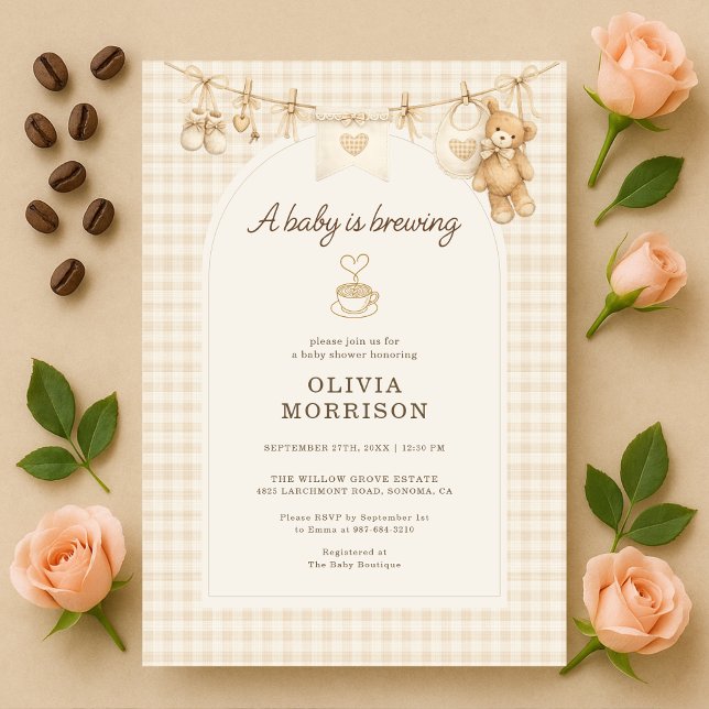 Invitation Faire du café pour bébé Shower à thème gingham (Créateur téléchargé)