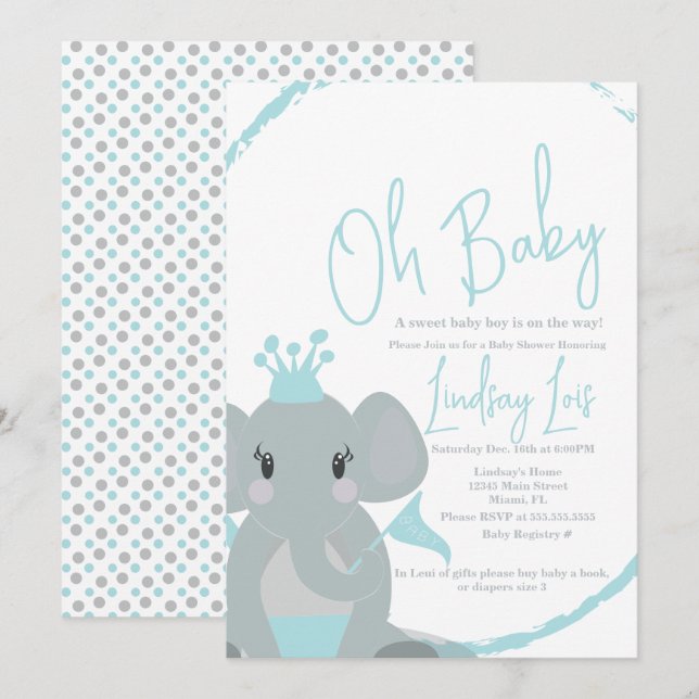 Invitation Faire Éléphant Bébé Garçon Écriture Élégante Baby  (Devant / Derrière)