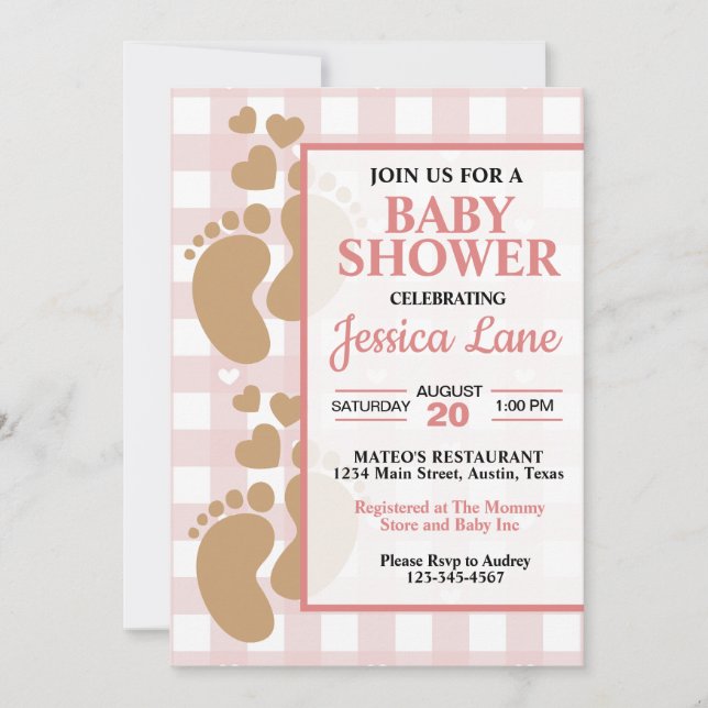 Invitation Faire Empreintes de Bébé Fille avec Cœurs Douche (Devant)