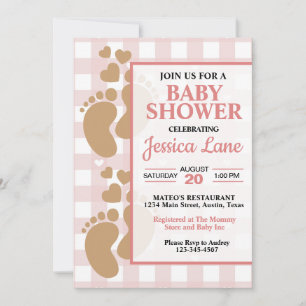 Invitation Faire Empreintes de Bébé Fille avec Cœurs Douche