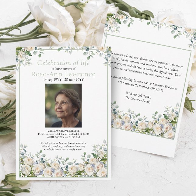 Invitation Faire et Simple Eucalyptus Rose Blanche Photo Funé (Créateur téléchargé)