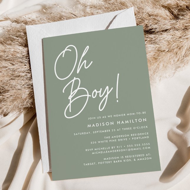 Invitation Faire Garçon Script Vert Sauge Baby Shower Minimal (Créateur téléchargé)