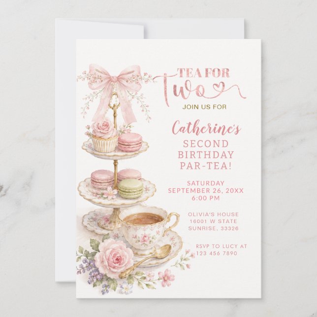 Invitation Faire la Coquette Rose Thé Pour Deux Fille Anniver (Devant)