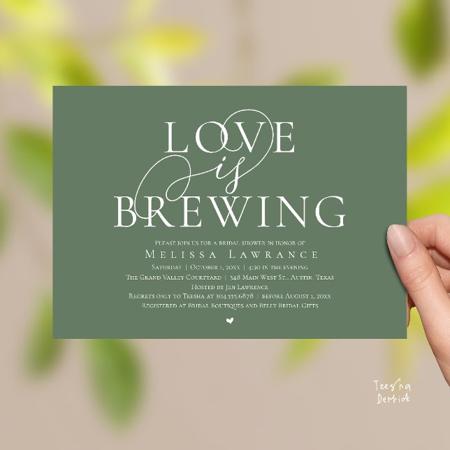 Invitation Faire l'Amour Élégant Script Enterrement de Vie de (Love Is Brewing Elegant Script Bridal Shower Invitation Card Beer Wine Bar in Sage Green)