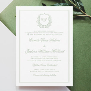 Invitation Faire Mariage au Vert Sauge avec Blason Monogramme