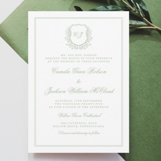 Invitation Faire Mariage au Vert Sauge avec Blason Monogramme (Créateur téléchargé)