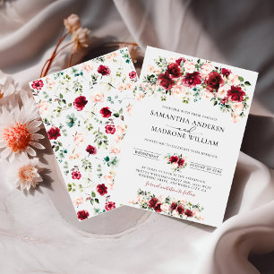Invitation Faire Mariage Bohème Floral Roses Rouge Bourgogne