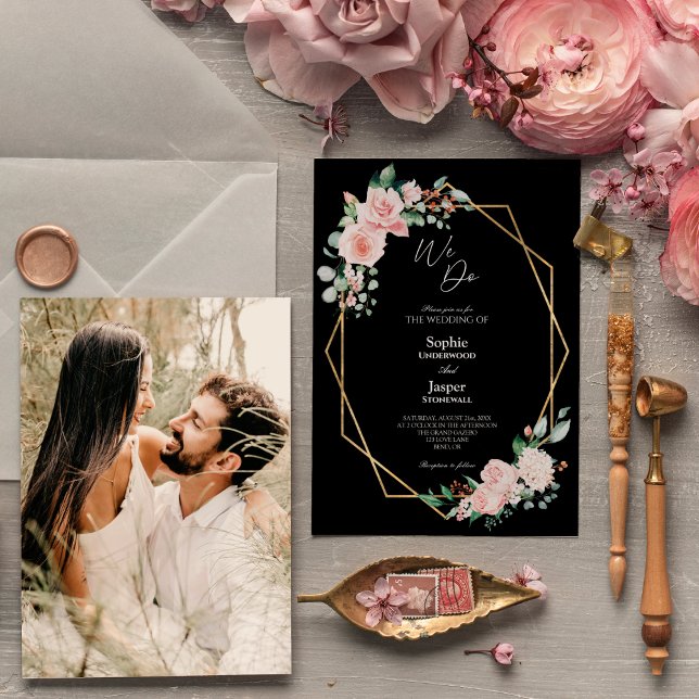 Invitation Faire Mariage Fleur Rose Simple Photo Noir (Créateur téléchargé)
