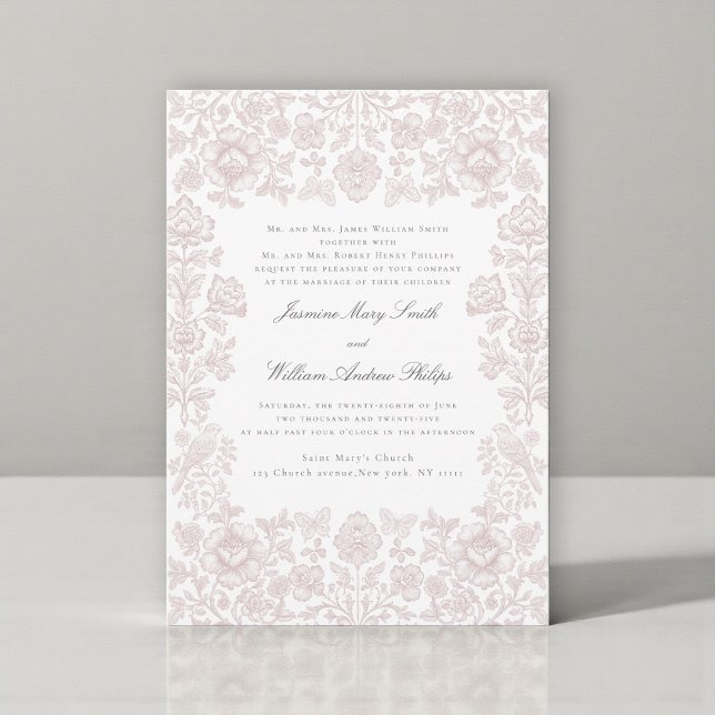 Invitation Faire Mariage Floral Rose Oiseau Damassé  (Créateur téléchargé)