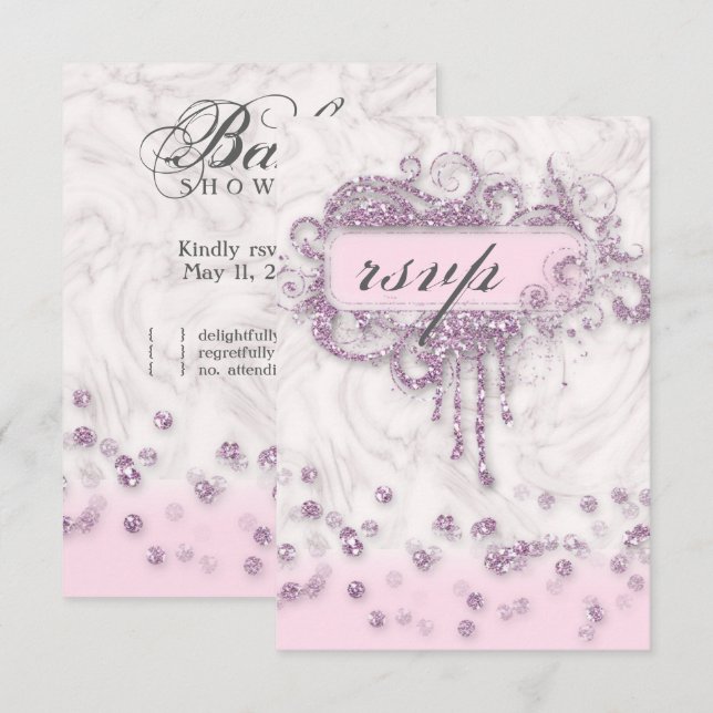 Invitation Faire part Bébé Fille Marbre Rose Paillettes Confe (Devant / Derrière)
