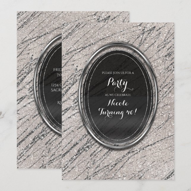Invitation Faire part chic rayure marbre glam beige et argent (Devant / Derrière)