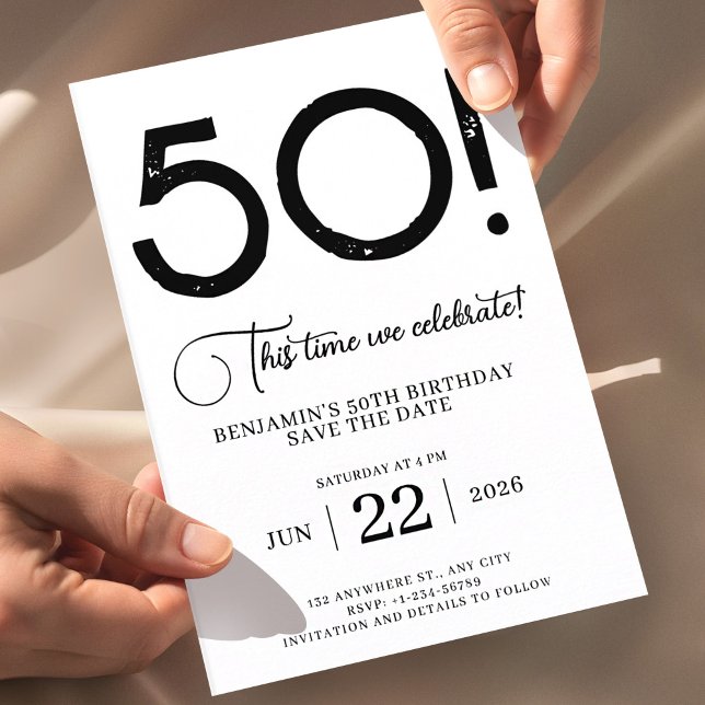 Invitation Faire part de 50e anniversaire noir et blanc (50th Birthday Invitation, Minimal Black Save the Date, Editable Birthday Invite, Milestone Party Inv)