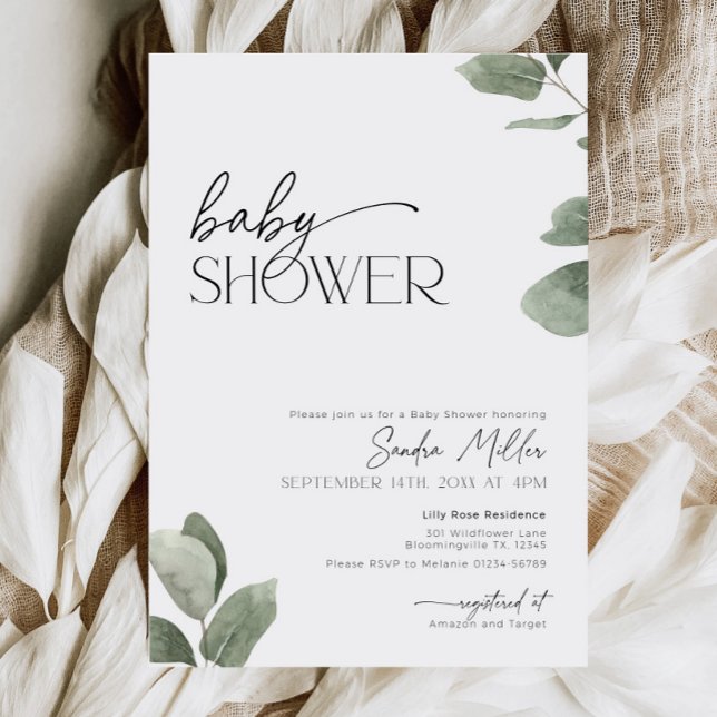 Invitation Faire part de Baby Shower Eucalyptus Verdure Vert  (Eucalyptus Greenery invitation for baby shower)
