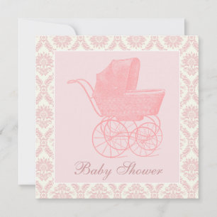 Invitation Faire part de Baby Shower Fille Bébé Poussette Ros