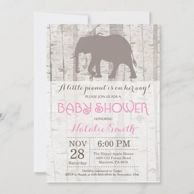 Invitation Faire part de Baby Shower Fille Éléphant Rustique (Devant)