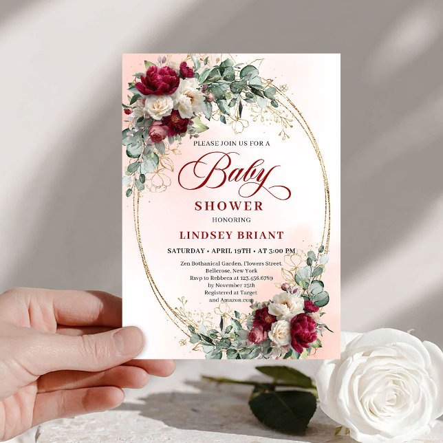 Invitation Faire part de Baby Shower Fleurs de Pivoines Rusti (Garden Rustic Maroon Peonies Baby Shower Invitation)