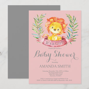 Invitation Faire part de Baby Shower Lion fille Rose et Gris
