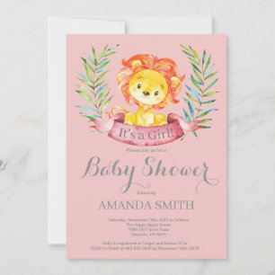 Invitation Faire part de Baby Shower Lion fille Rose et Gris
