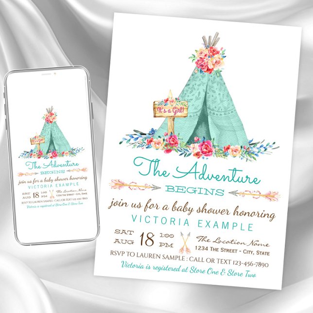 Invitation Faire part de Baby Shower pour filles TeePee Bohèm (Cute teepee baby shower invitation. Instant download and printed invitations available.)
