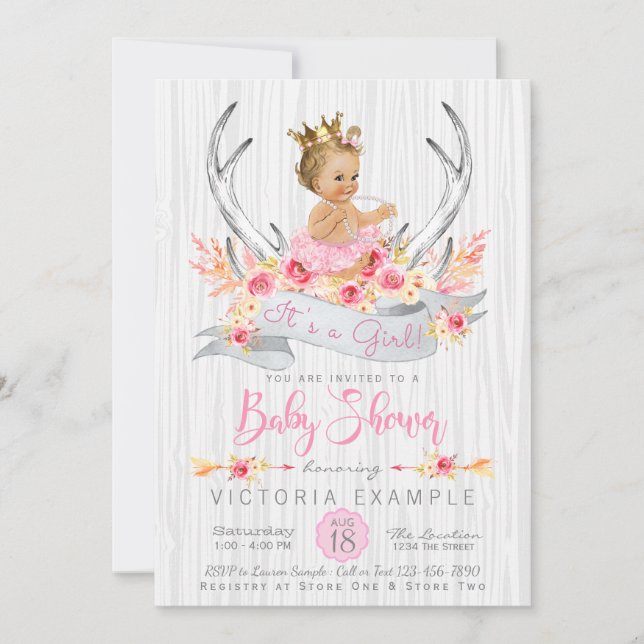 Invitation Faire part de bains de bébé princesse Boho bois de (Devant)