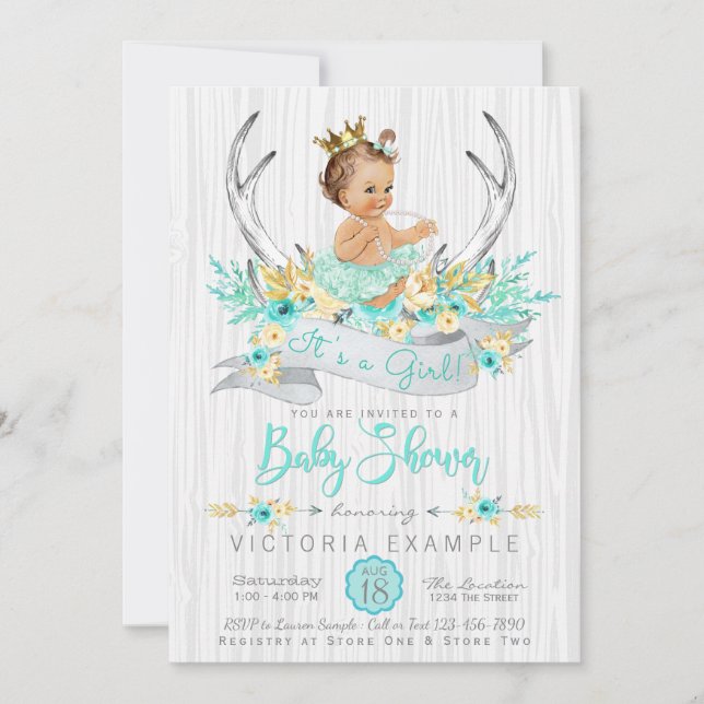 Invitation Faire part de bains de bébé princesse Boho bois de (Devant)