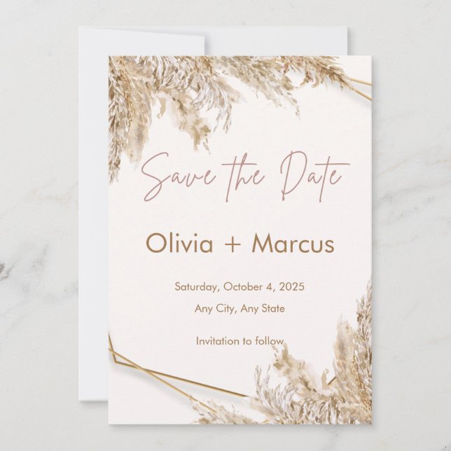 Invitation Faire part de boho Pampas à date fixe | Beige neut (Devant)