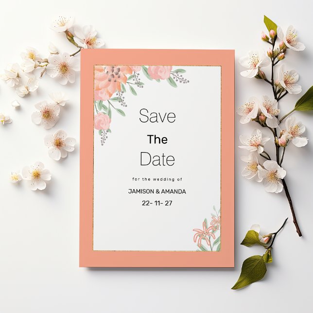Invitation Faire part de botanique corail menthe or printemps (Botanic coral mint gold spring flora Save The Date)