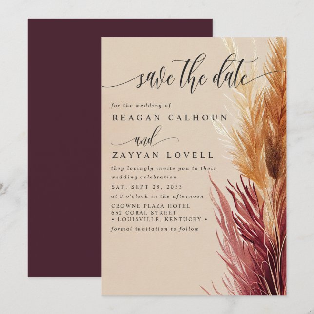 Invitation Faire part de Burgundy Cream Modern Pampas Grass S (Devant / Derrière)