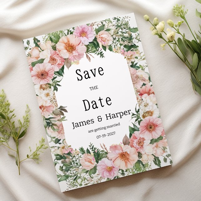 Invitation Faire part de date de mariage à fleurs roses botan (Botanic pink blossom summer floral Save the Date)