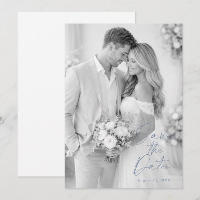 Invitation Faire part de date de mariage en bleu poussiéreux (Devant / Derrière)