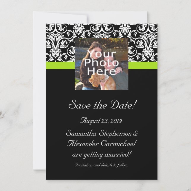 Invitation Faire part de date de mariage en noir et chartreus (Devant)