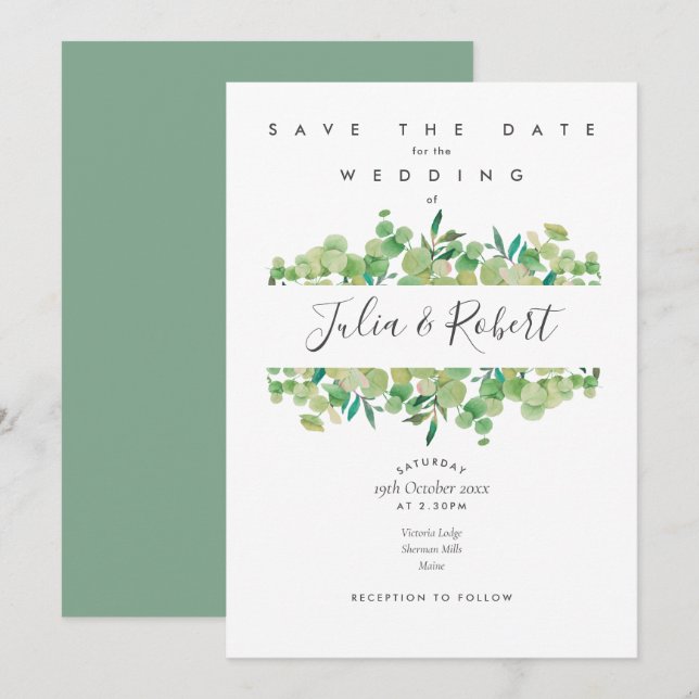 Invitation Faire part de date de mariage floral Eucalyptus (Devant / Derrière)