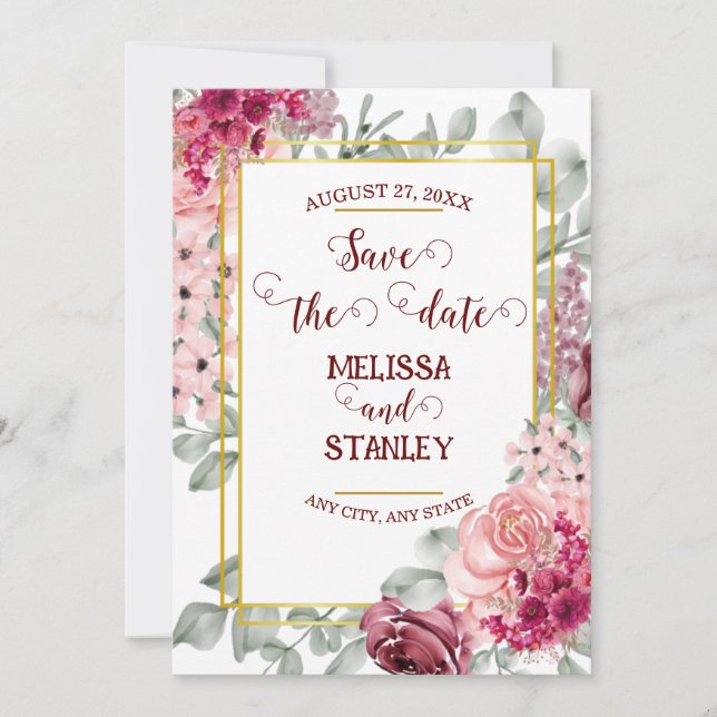 Invitation Faire part de date de mariage Floral Rose Marsala  (Devant)