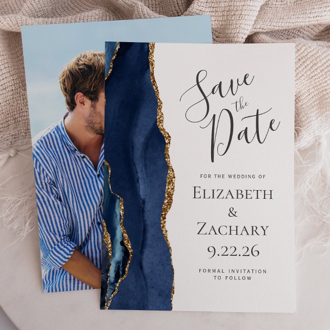 Invitation Faire part de date moderne agate bleu marine or (Créateur téléchargé)