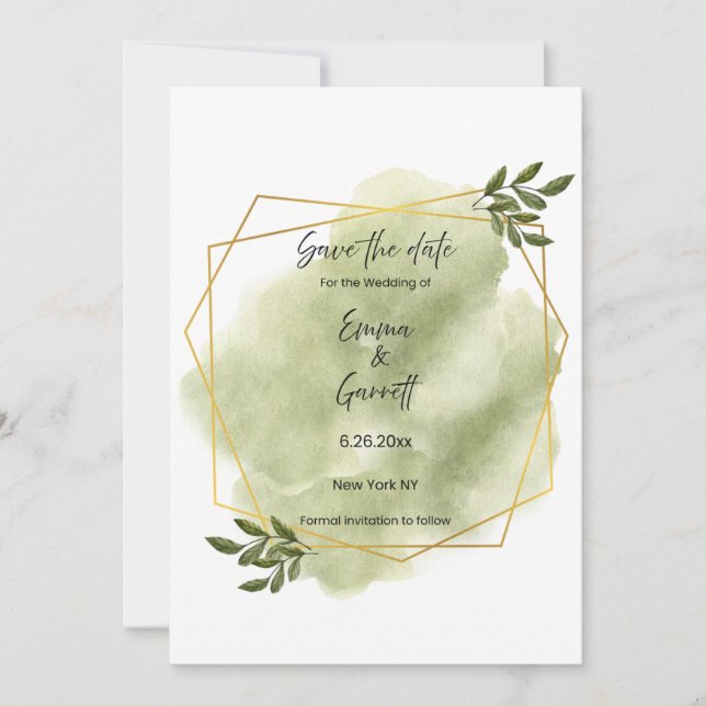 Invitation Faire part de date moderne avec feuille verte (Devant)