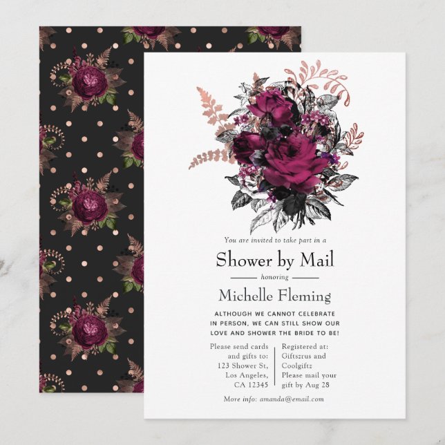 Invitation Faire part de douche florale Marsala et Rose Gold  (Devant / Derrière)