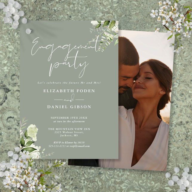 Invitation Faire part de fête de fiançailles photo écriture v (Floral Sage Green Script Photo Engagement Party Invitation)