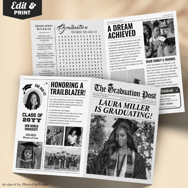 Invitation Faire-part de journal de graduation mod (Editable Graduation Newspaper Announcement 4 pages card print, Unique Graduation Invite with Photos)