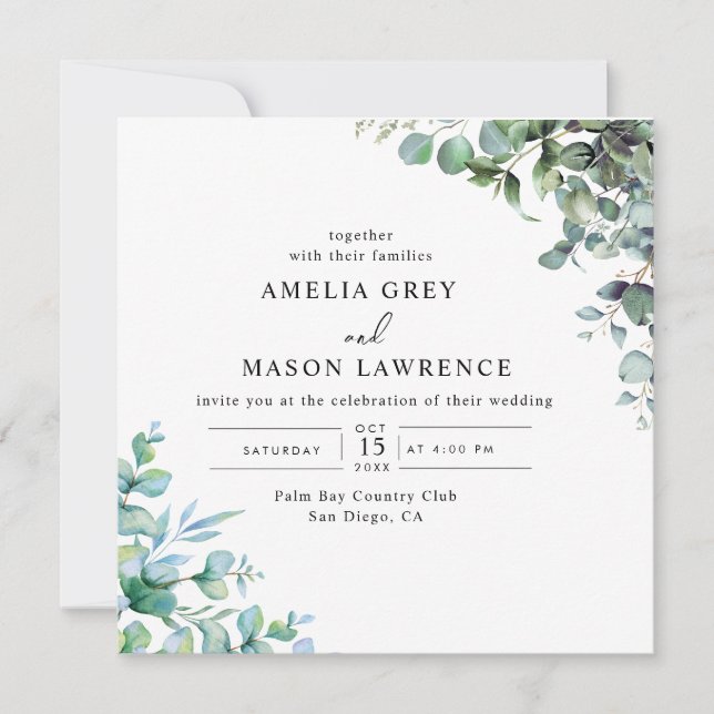 Invitation faire part de mariage à la verdure d'eucalyptus (Devant)