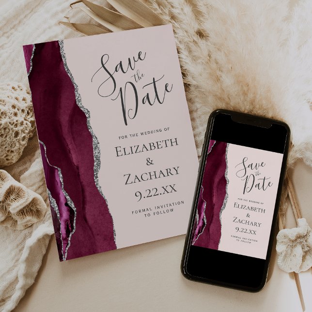 Invitation Faire part de mariage Agate Bourgogne Blush Argent (Créateur téléchargé)