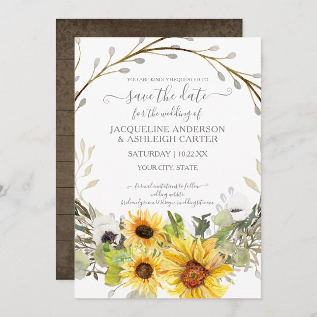 Invitation Faire part de mariage aquarelle Fleur de Tournesol (Devant / Derrière)